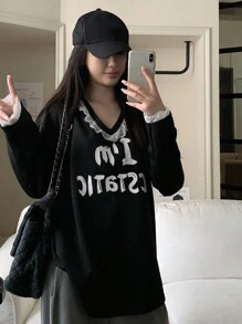 DAZY Áo thun nữ cổ chữ V rộng rãi, ren tương phản, mùa thu, áo thun họa tiết - màu đen - Xem 5