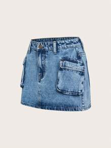 SHEIN EZwear Women's Daily Wear Date Night Washed Cargo Denim Mini Skirts