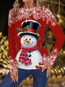 SHEIN LUNE Christmas Snow Flake & Snowman Graphic Casual Minimalist Pattern Loose Crew Neck Long Sleeve Sweatshirt, Suitable For Christmas, Spring Autumn For Women - White - View 1