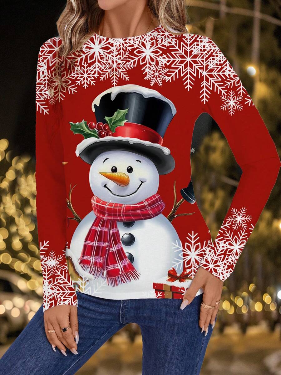 SHEIN LUNE Christmas Snow Flake & Snowman Graphic Casual Minimalist Pattern Loose Crew Neck Long Sleeve Sweatshirt, Suitable For Christmas, Spring Autumn For Women - White - View 1