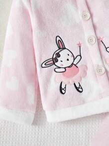 2pcs Young Girls Cute Rabbit & Heart Print Flannel Pajama Set - Baby Pink - View 5