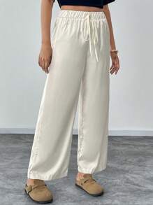 Chiquease กางเกงขายาวสบายๆ เอวรูดด้วยเชือก ผ้าซาตินเงา กางเกงขาตรงที่เหมาะกับสรีระ - สีแอปริคอท - ดู 5