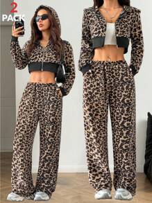 Muchica 女士日常穿着复古豹纹法兰绒拉链连帽衫和阔腿裤外出套装两件套 - 卡其色 - 查看 4