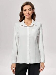 TaskEZ Women's Solid Color Button-Up Long Sleeve Work Blouse With Pocket