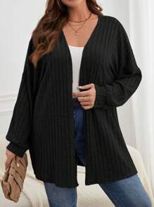 SHEIN CURVE+ Plus Size Women's Solid Color Dropped Shoulder Front Open Long Sleeve Cardigan, Autumn/Winter - Black - View 1