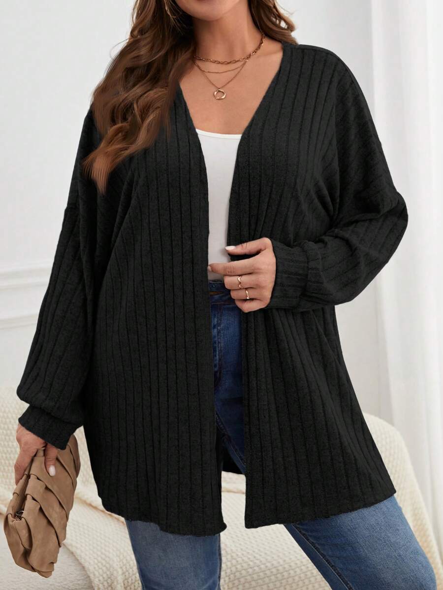 SHEIN CURVE+ Plus Size Women's Solid Color Dropped Shoulder Front Open Long Sleeve Cardigan, Autumn/Winter - Black - View 1