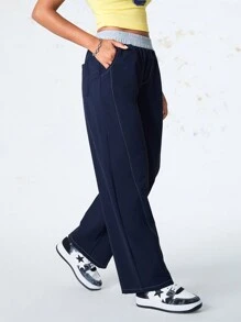 SHEIN Sports Pantalones deportivos de mujer con cintura elástica y contraste de color - Azul Marino - Ver 6