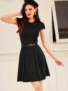 Vintamour 复古优雅卡其色 A 字裙，带编织褶皱和腰带，非常适合春夏季度假/工作返校服装秋装校服裙子套装老钱美学衬衫办公室服装女士套装 - 黑色 - 查看 3