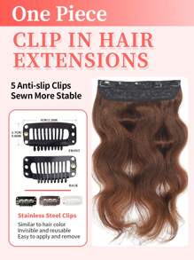 Una pieza de extensiones de cabello con clips Remy de cabello humano ondulado, tono marrón, con 5 clips, accesorio para el cabello - S4 - Ver 9