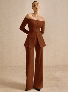 Poéselle 女式纯色露肩长袖单排扣西装外套和裤子套装，秋季 - 棕色 - 查看 4