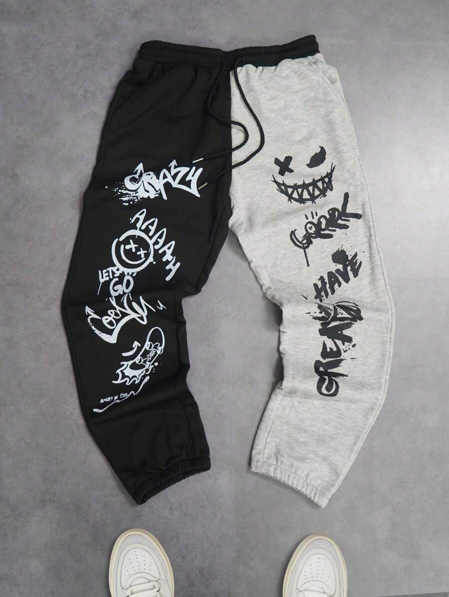 Manfinity EMRG 宽松男式卡通字母图案双色抽绳腰部运动裤 - 彩色 - 查看 1