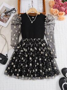 SHEIN Tween Girl Fitted Casual Minimalist Cozy Round Neck Drop Shoulder A-Line Midi Dress
