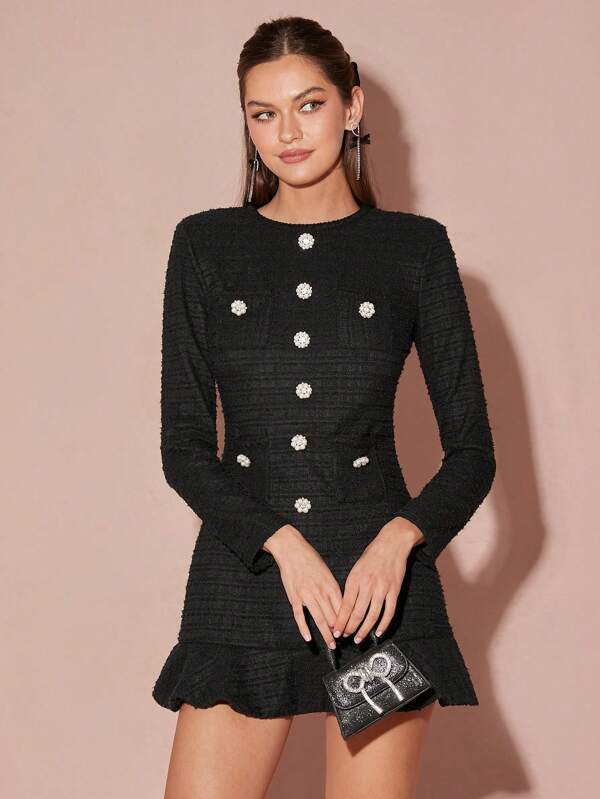 Enchnt Spring/Winter Romantic Women's Black Exquisite Faux Pearl Button Decor Round Neck Long Sleeve Ruffle Hem Pocket Mini Dress,Sweet&Elegant Outfit For Valentine's Day&Christmas Party&New Years&Birthday&Holiday &Sweet Date Night&Daily Commuting