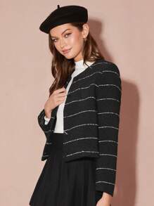 Enchnt Women's Striped Print Elegant Commuter Long Sleeve Jacket