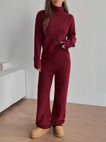 Flirla 2 chiếc/Bộ Áo len dài tay cổ lọ trơn rộng rãi và quần, Trang phục đa năng - Màu Tím - Xem 7