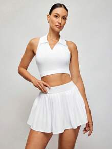 Activina Women's Summer Solid Color Slim Fit Crop Tank Top And Pleated Skirt Sportswear Set Airport Outfit