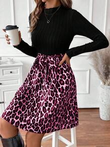 EMERY ROSE Women's Elegant Casual Knit Patchwork Leopard Print Long Sleeve Dress Fall Cloth For Women - Hot Pink - View 5