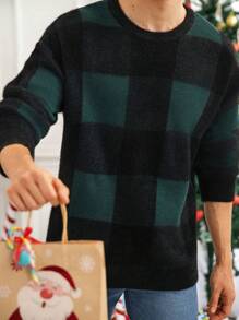 Manfinity Homme Men's Casual Christmas Plaid Pattern Knitted Sweater, Autumn/Winter