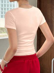 INAWLY Áo thun nữ tay ngắn cổ tròn dáng rộng thời trang mùa hè - trái cam - Xem 2