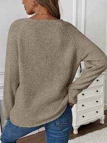 SHEIN LUNE 1pc Women Solid Color Round Neck Raglan Sleeve Casual Knit Sweater, Autumn/Winter