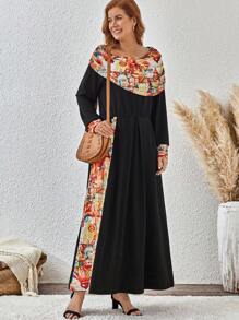 SHEIN Clasi 大码女式度假风格建筑印花褶皱船领松紧腰连衣裙，春秋季长款女装 - 彩色 - 查看 1