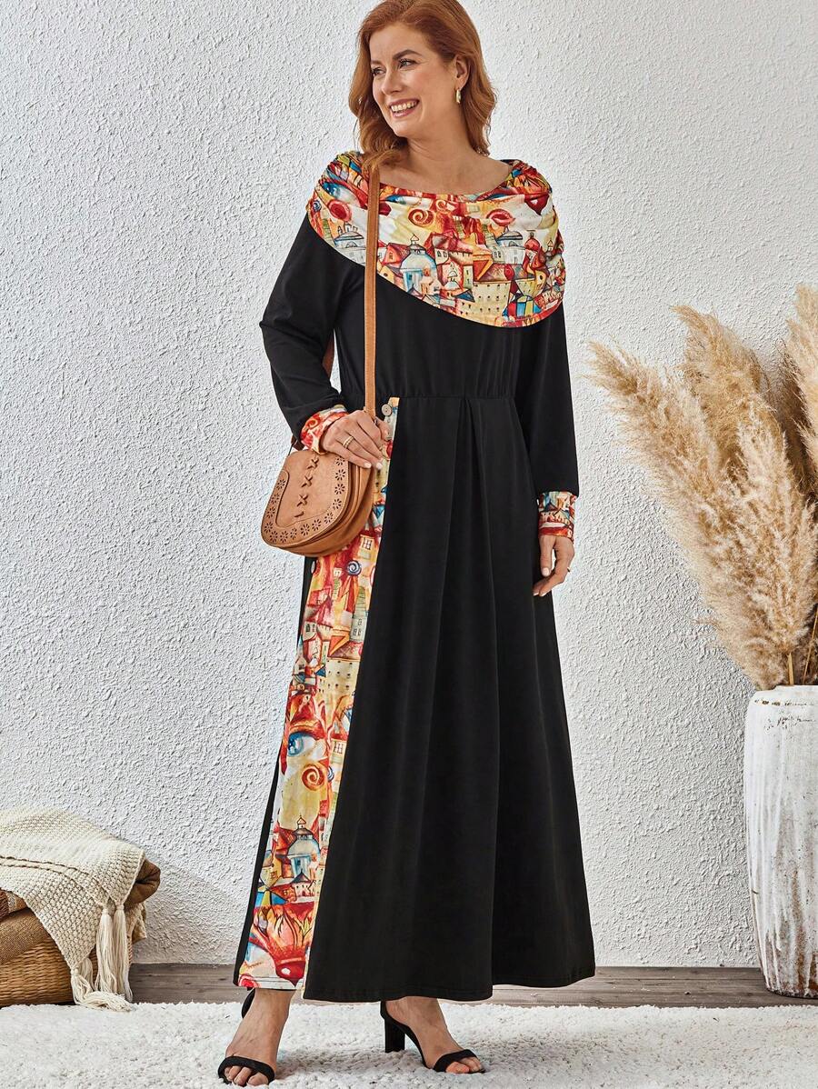 SHEIN Clasi 大码女式度假风格建筑印花褶皱船领松紧腰连衣裙，春秋季长款女装 - 彩色 - 查看 1