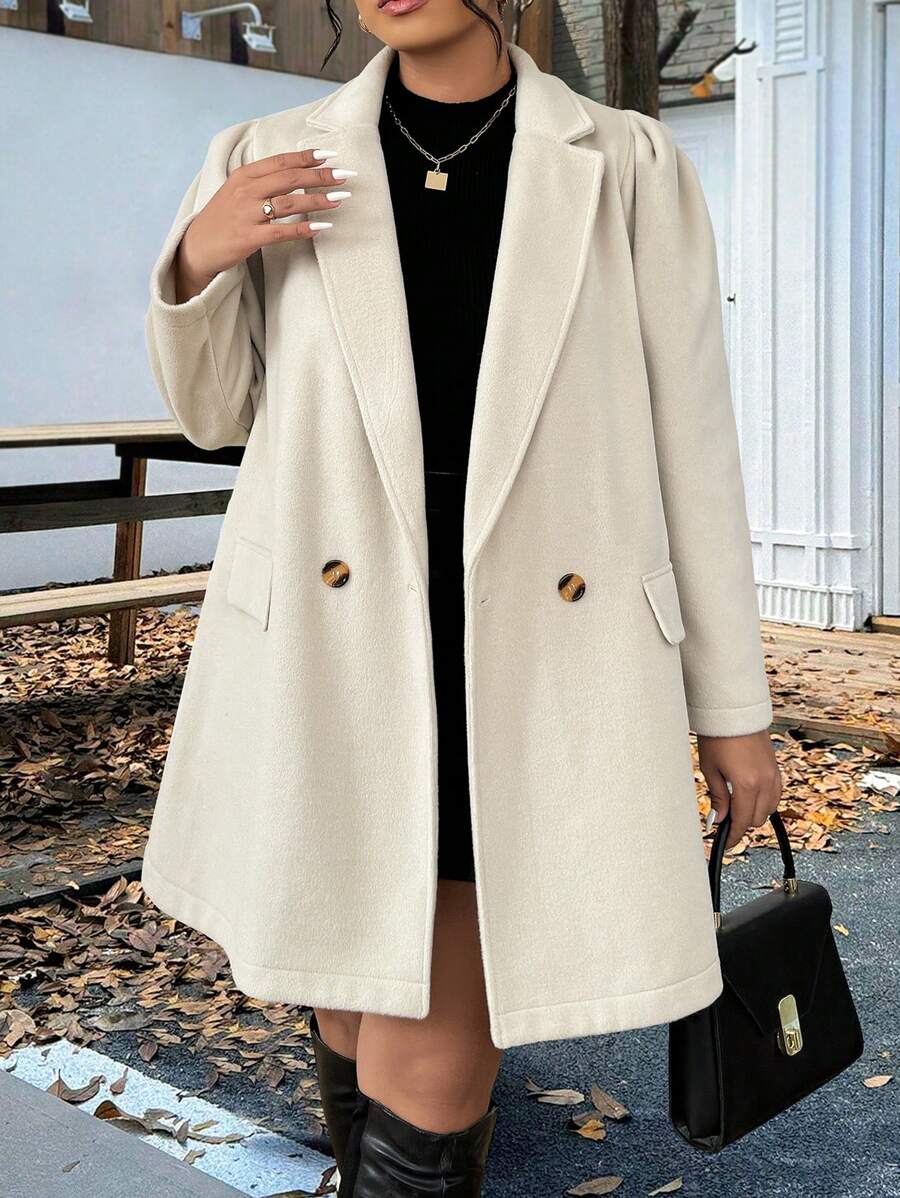 Flirla Plus Size Lapel Gigot Sleeve Overcoat - Khaki - View 1