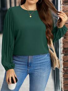 SHEIN LUNE Blusa de manga farol de cuello redondo de unicolor simple, informal para otoño, tallas grandes
