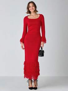 Enchnt Jupe-pull maxi à ourlet duveteux de couleur unie pour femmes, automne/hiver