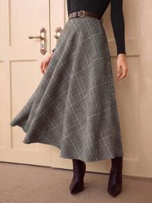 Vintamour Falda con estampado de cuadros de cintura alta estilo elegante y vintage con bolsillos para mujer, falda evasé casual para salir, fiestas, Navidad, otoño, atuendos de Acción de Gracias, de color marrón, burdeos, larga para otoño e invierno