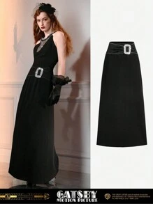 The Great Gatsby x MOTF RHINESTONE BUCKLE WAIST MAXI SKIRT - Black - View 9