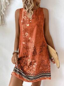 SHEIN LUNE Dames zomervakantiestijl bloemenprint ingekeepte v-hals losse tankjurk