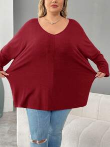 SHEIN CURVE+ Plus Size Red V-Neck Casual Long Sleeve Red T-Shirt