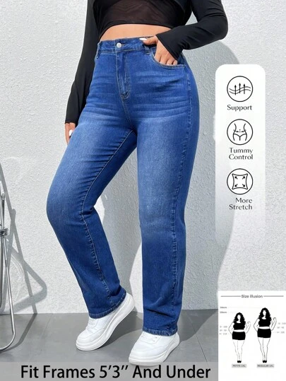 SHEIN PETITE CURVE Plus Size Solid Color Pocket Casual Straight Leg Jeans, Fall Women Clothes