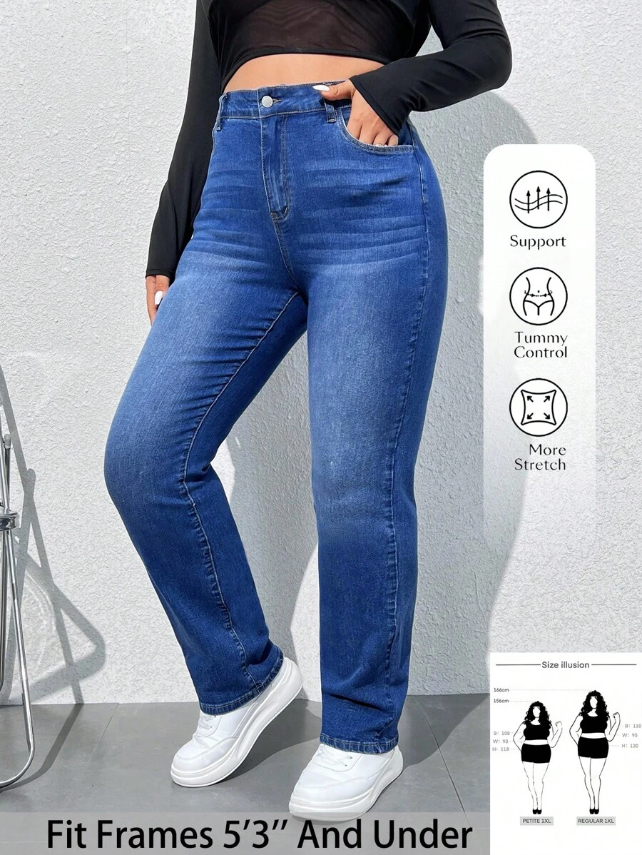 SHEIN PETITE CURVE Plus Size Solid Color Pocket Casual Straight Leg Jeans, Fall Women Clothes - Blue - View 1