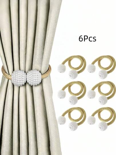 SHEIN Set de 4/6 sujetadores magnéticos para cortinas - Sostenes de cortinas decorativos con forma de perla sin necesidad de taladrar, ganchos ajustables para atar cortinas transparentes y blackout en la sala de estar y el dormitorio, de instalación fácil sin herramientas