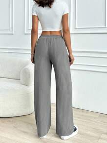 RueChic Women's Grey Striped Mid Rise Drawstring Pants - Grey - View 2