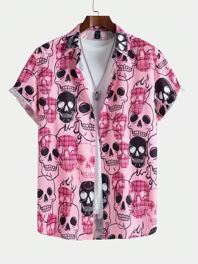 Grunge Punk Men's Summer Skull Printed Short Sleeve Casual Shirt, School