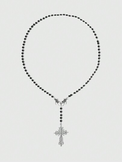 Collier ras-de-cou style gothique avec perle noire et croix pour femmes