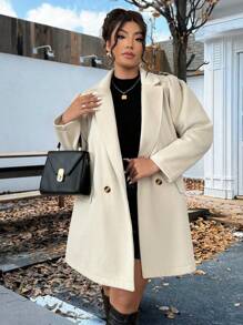 Flirla Plus Size Lapel Gigot Sleeve Overcoat - Khaki - View 5