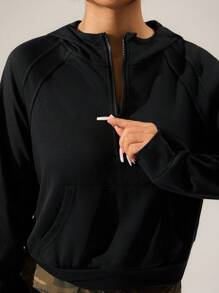 Casual Solid Color Raglan Sleeve Drawstring Crop Hoodie Sweatshirt