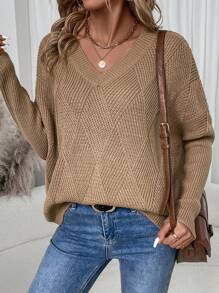 SHEIN LUNE Women's Solid Color V-Neck Casual Pullover Sweater Knit Pullover Fall Winter - Khaki - View 3
