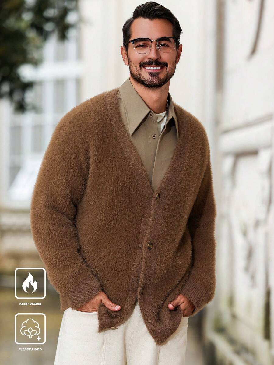 Manfinity Homme Men's Casual Brown Sweater Fluffy Cardigan, Autumn/Winter - Brown - View 1