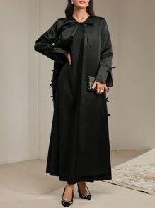 Al Najma 女士纯色领结蝴蝶结细节优雅长袖长袍，朴素优雅的开放式长袍，适合休闲日常/派对长款黑色外套 - 黑色 - 查看 2