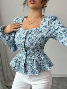 Selianne Women Elegant Jacquard Sweetheart Neck Lantern Sleeve Peplum Top, Spring/Autumn Peplum Top Fall Cloth For Women