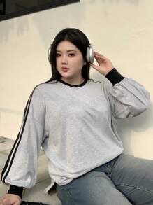 Dazy Petite Plus Plus Size Color Block Splice Crew Neck Loose Fit Sweatshirt,Fall Clothes - Grey - View 1