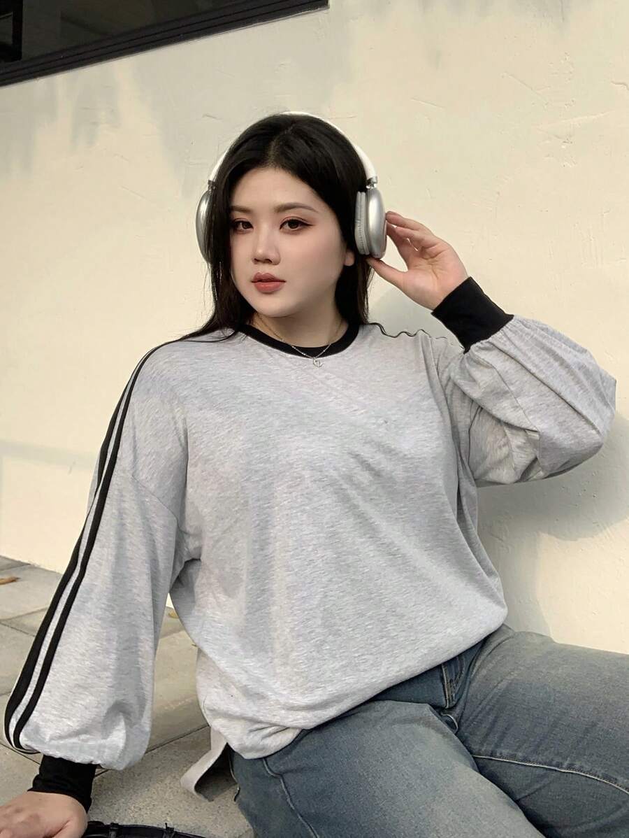 Dazy Petite Plus Plus Size Color Block Splice Crew Neck Loose Fit Sweatshirt,Fall Clothes - Grey - View 1