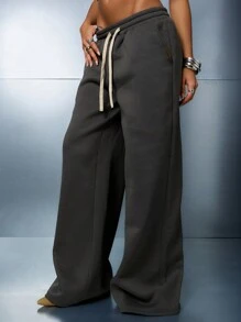 SUMWON WOMEN Je Taime French Text Loose Wide Leg Sweatpants Athletic Lounge Pants With Side Pockets Elastic Waist Casual Comfort Wear Fall Winter Style - Dark Grey - View 2