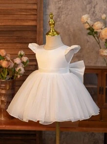 SHEIN Glamorique Kids 女嬰米白色夏季花童優雅白色緞面珍珠網紗洋裝 V領露背可拆式大蝴蝶結 生日婚禮正式派對舞會禮服 - 白色 - 查看 3