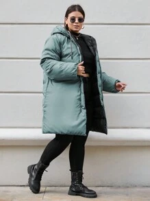 SHEIN Cottnline Plus Women's Pink Lined Puffer Winter Coat With Hoodie - Black - View 5